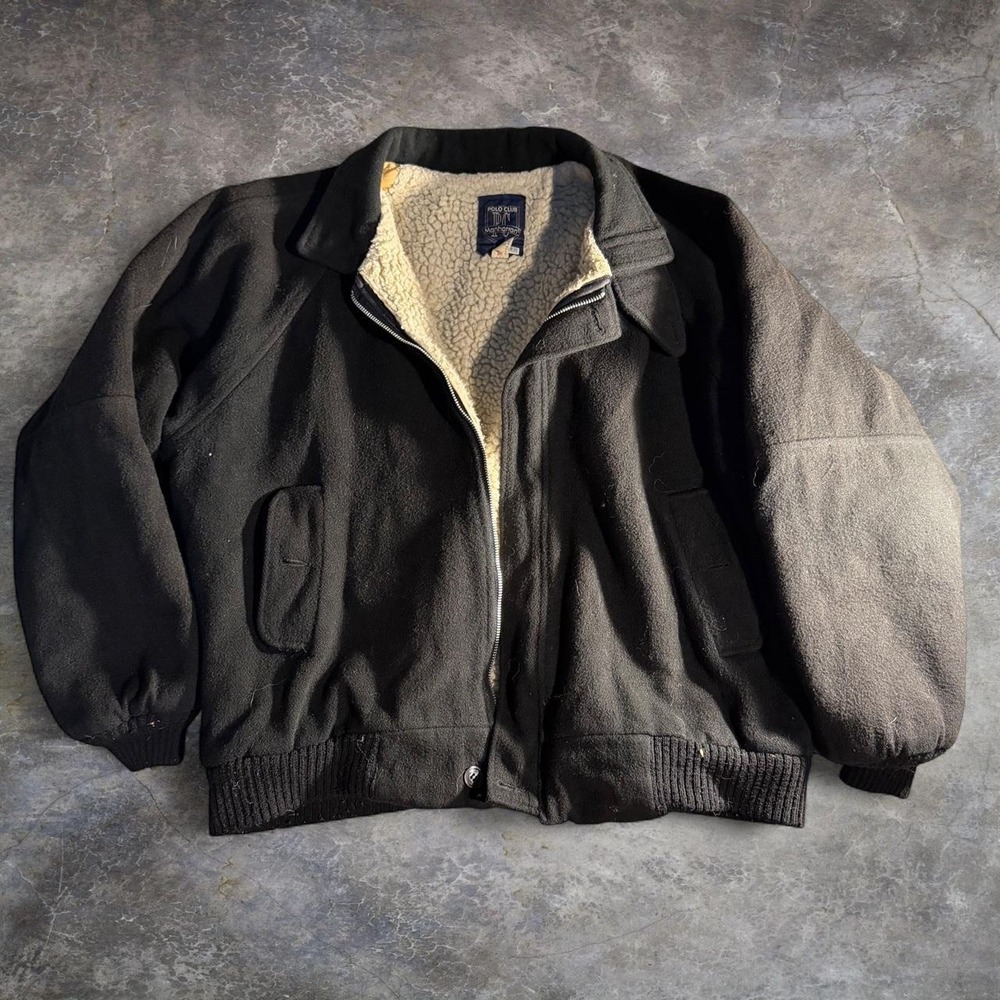 Vintage Polo Club Manhattan Black Wool Bomber Jacket Sherpa Lined Mens L